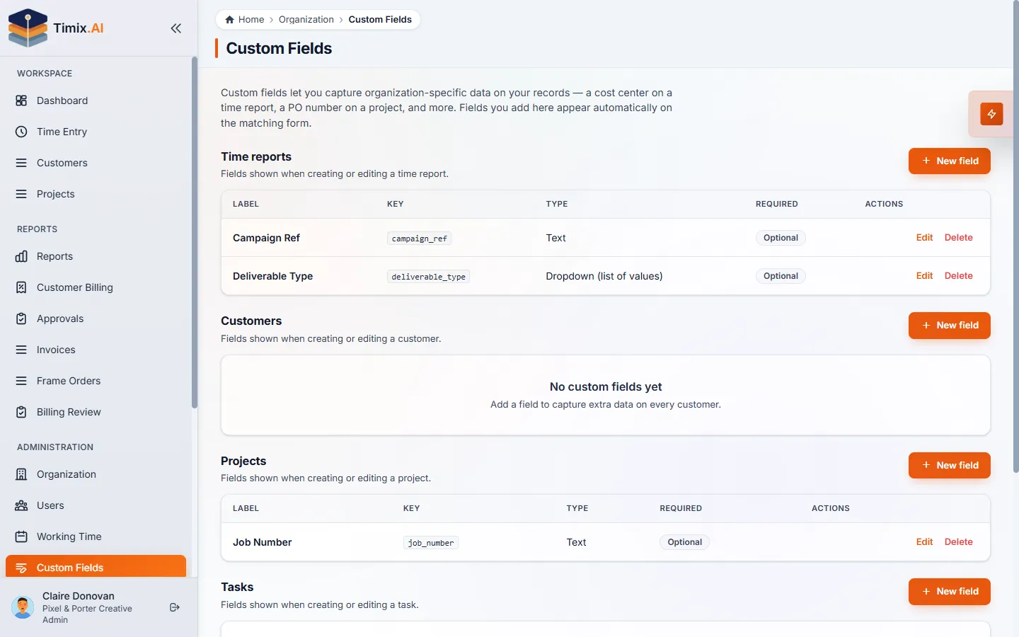 The Timix.AI custom-fields admin — fields defined per entity (time reports, projects, customers).