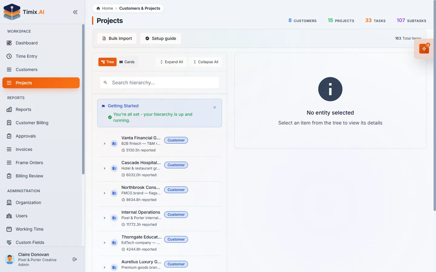 The Timix.AI project structure — the customer → project hierarchy where budgets and rates are set.