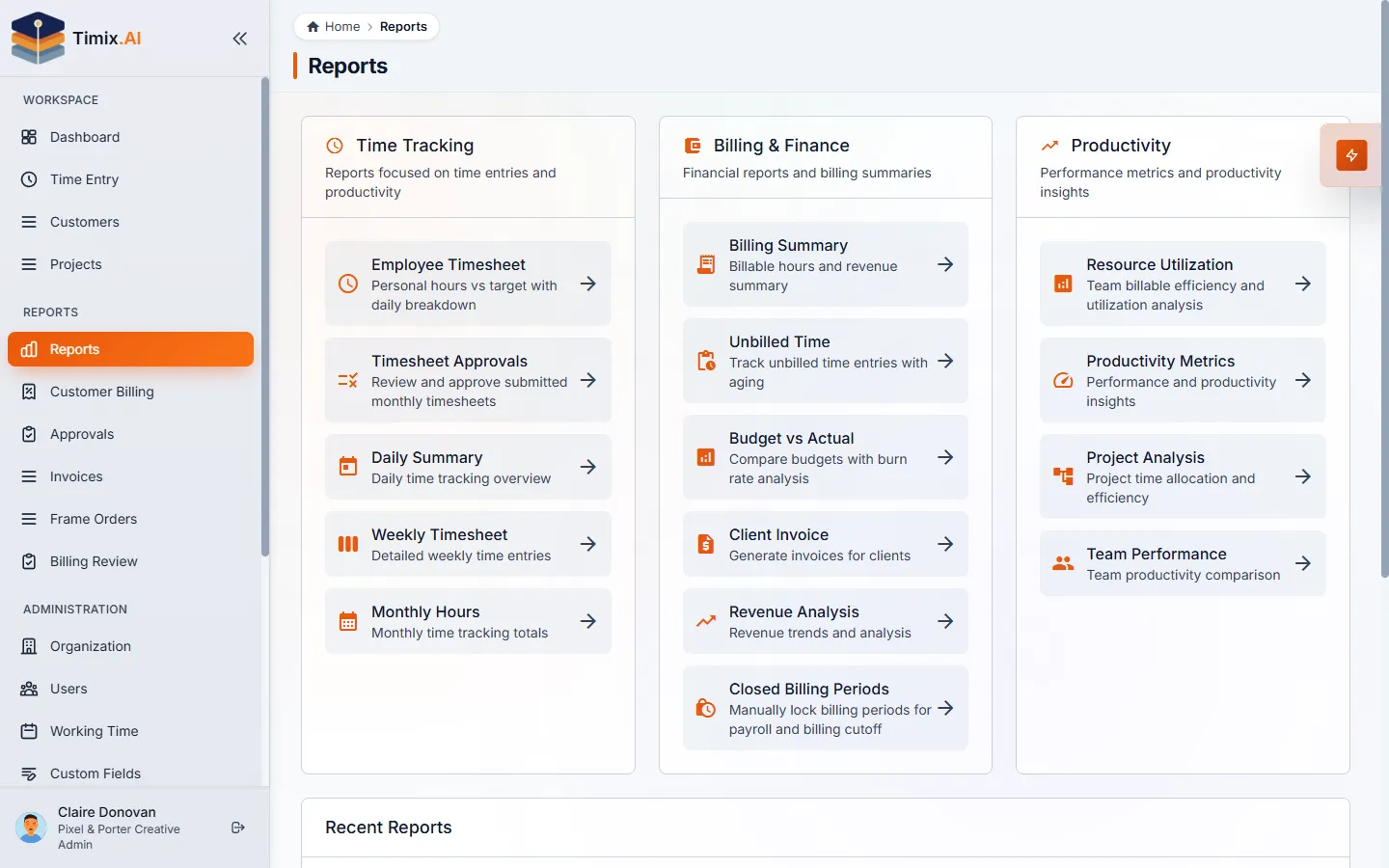 The Timix.AI reports library — built-in report pages for billing, budgets, profitability, and utilization.