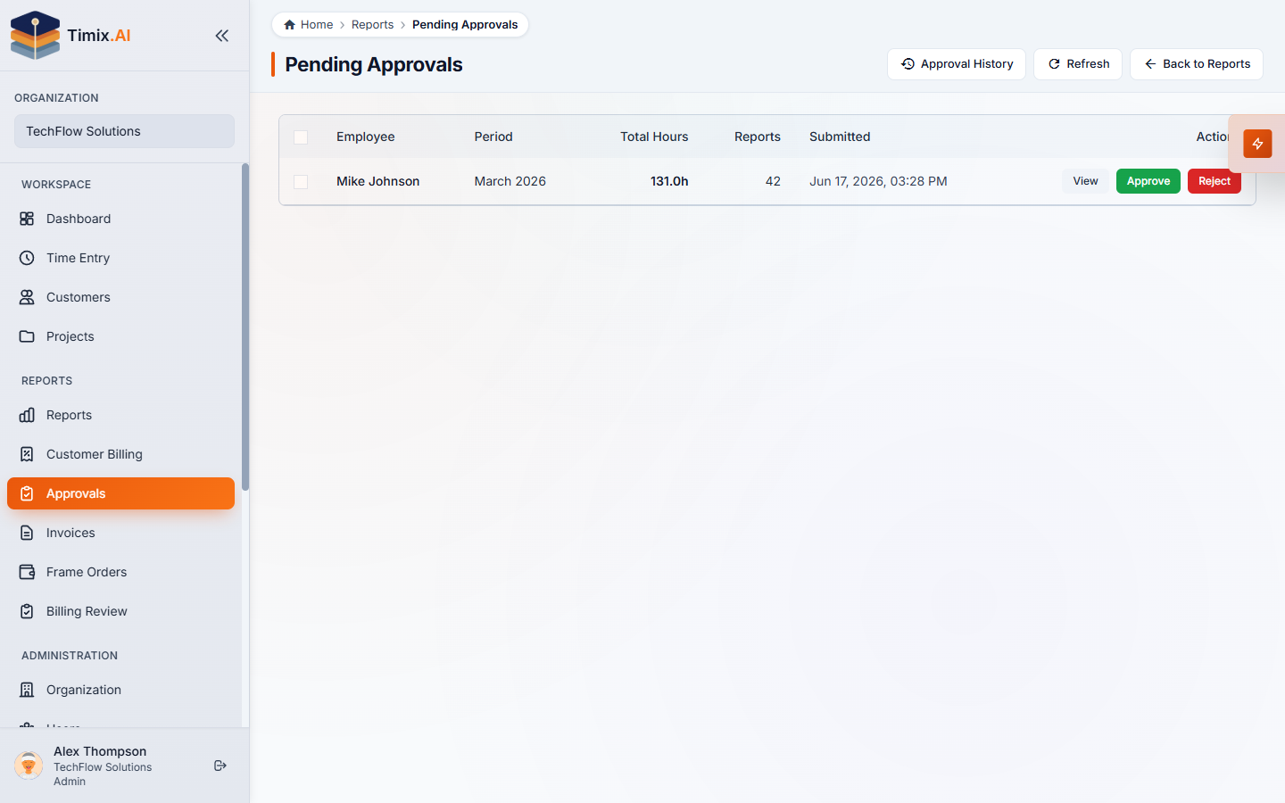 The Pending Approvals queue — submitted timesheets awaiting review