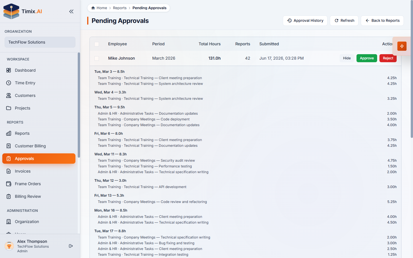 A submitted timesheet expanded for review — entries grouped by day
