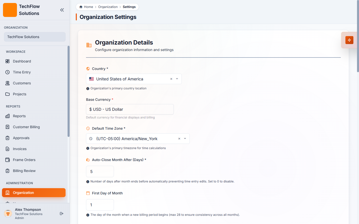Organization Settings — Auto-Close Month and First Day of Month