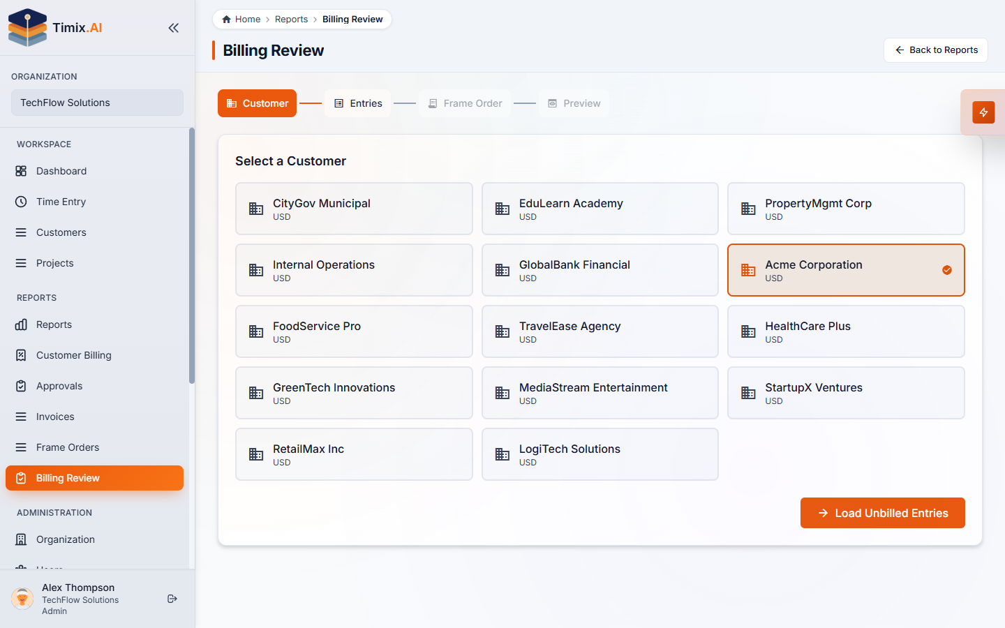 Billing Review step 1 — selecting the customer to bill