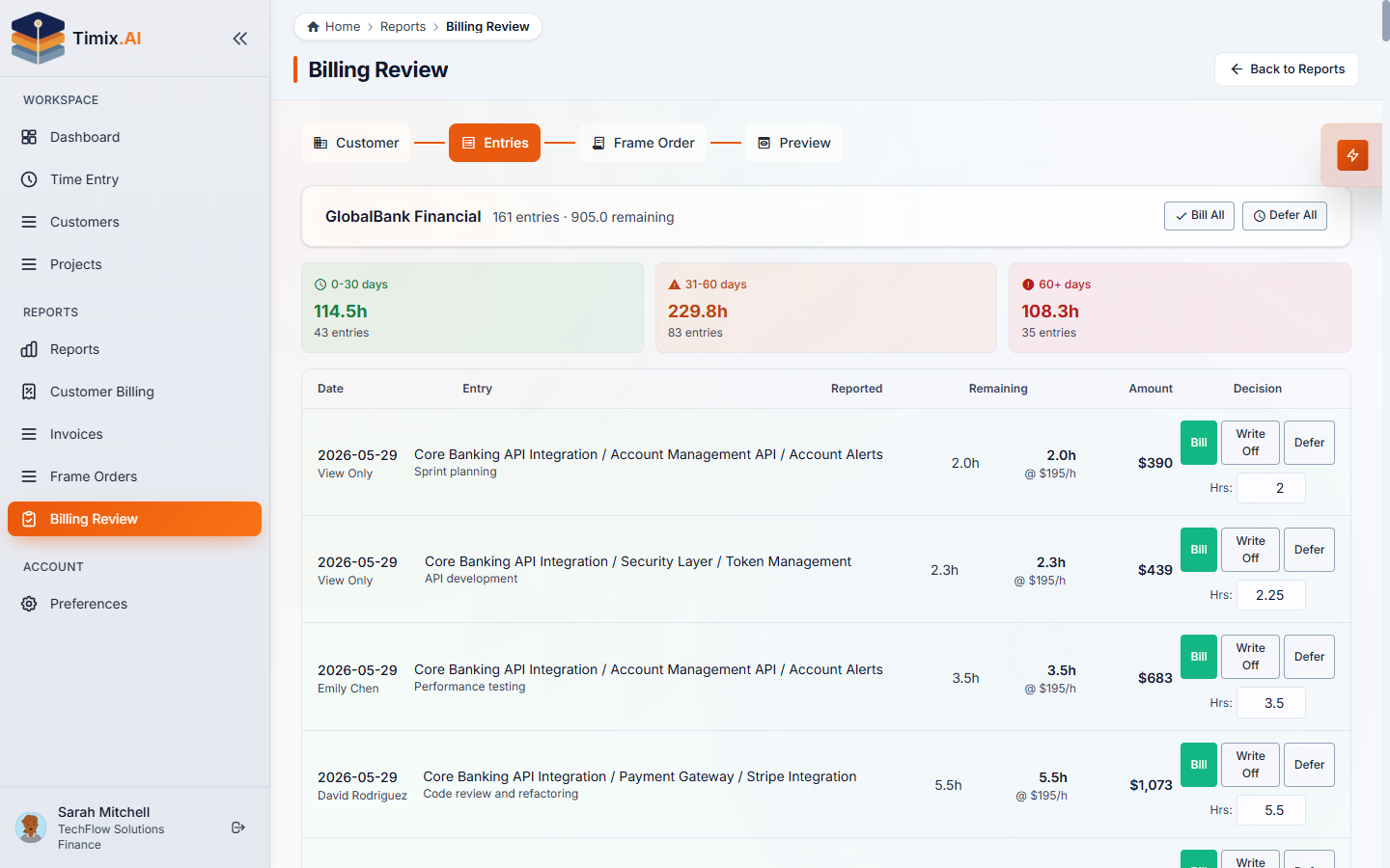 Billing Review step 2 — the approved entries, each with a Bill or Defer decision