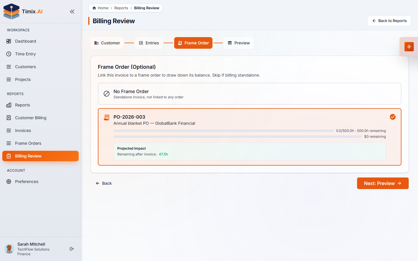 Billing Review step 3 — relating the invoice to the customer's PO / frame order
