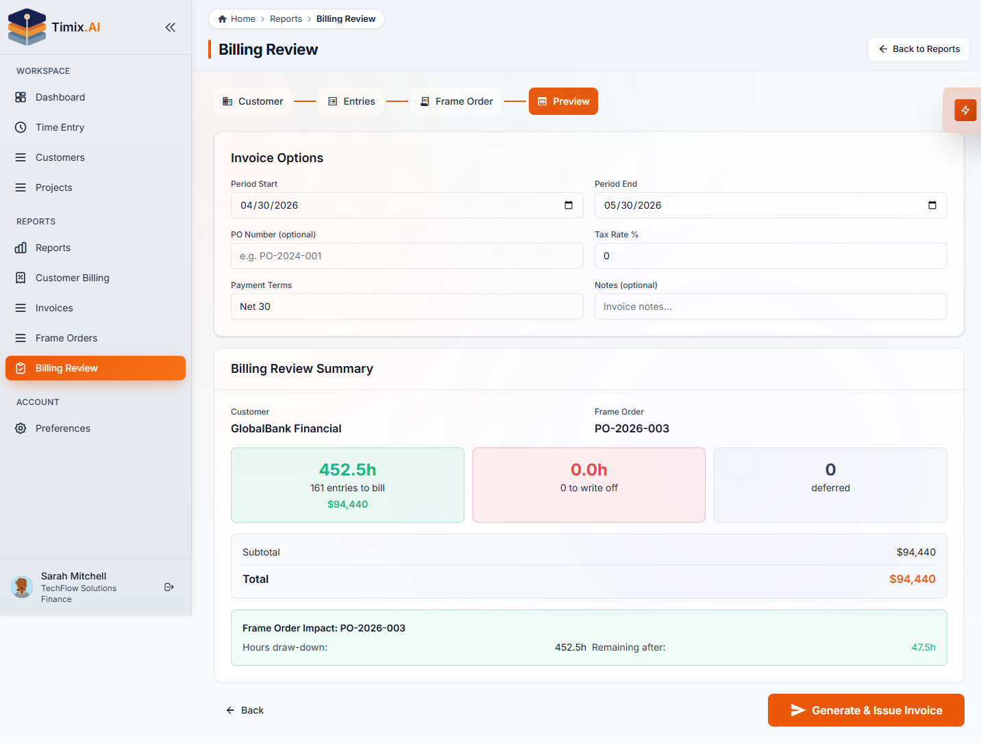 Billing Review step 4 — the invoice preview with the frame-order draw-down impact