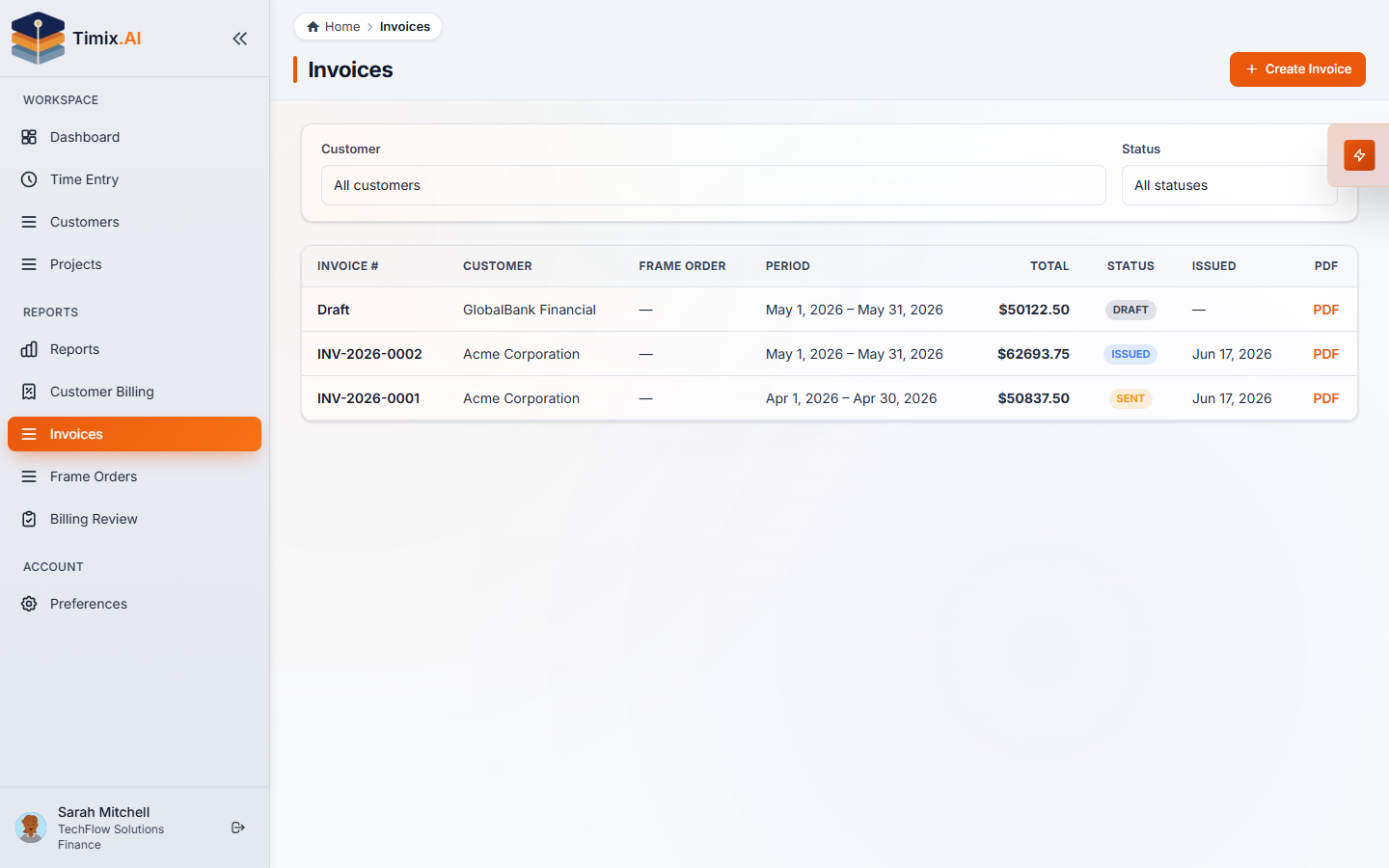 The Invoices page — invoices across the Draft / Issued / Sent lifecycle, with frame-order links and PDF export