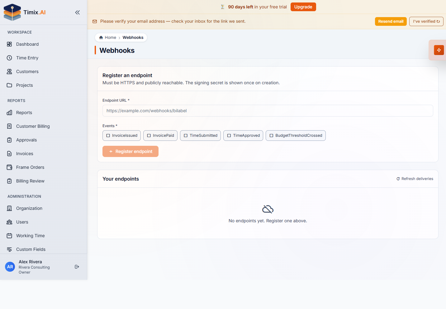 The Webhooks page — register an HTTPS endpoint and choose events