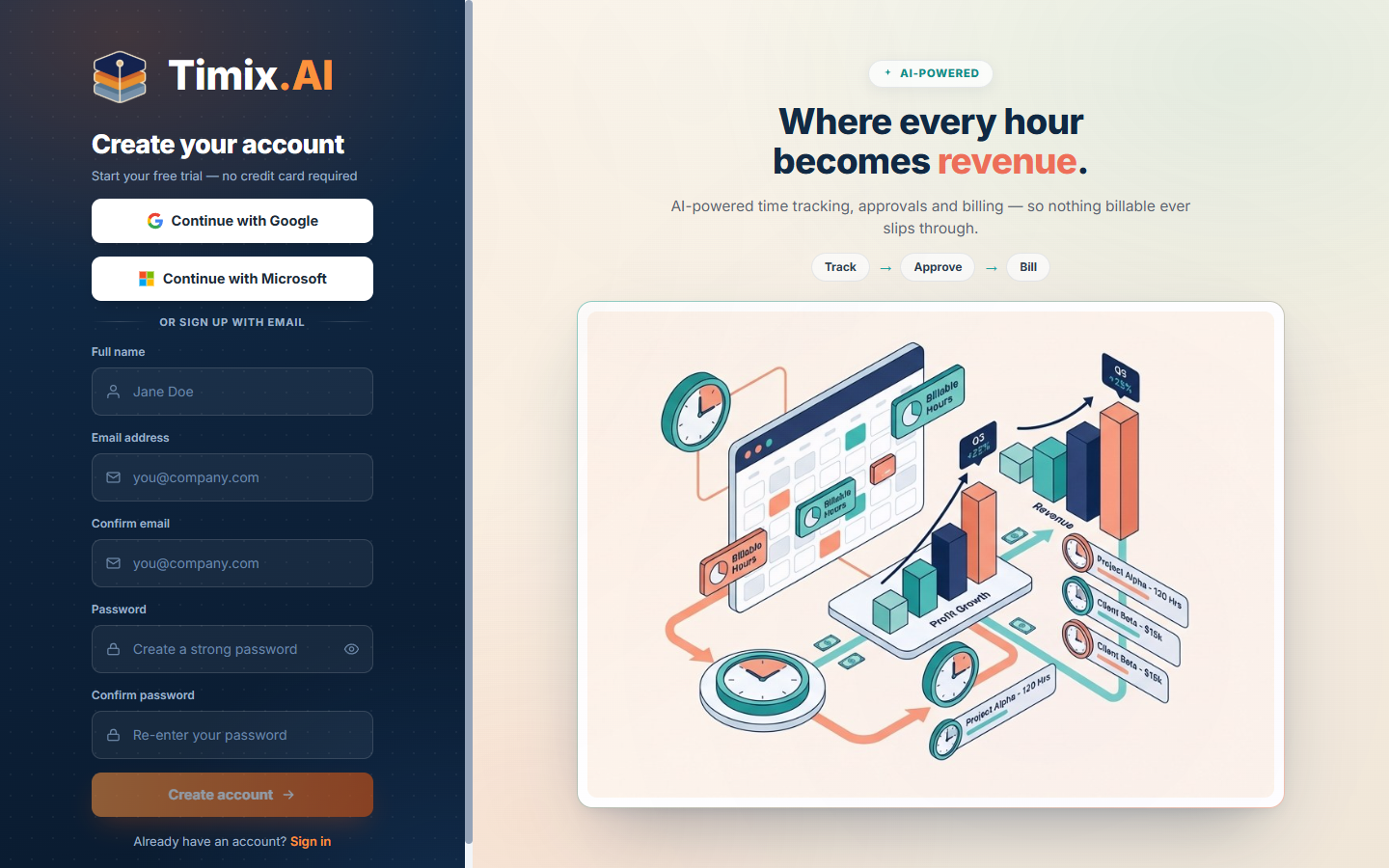 The Timix.AI sign-up page — register with email or with Google / Microsoft