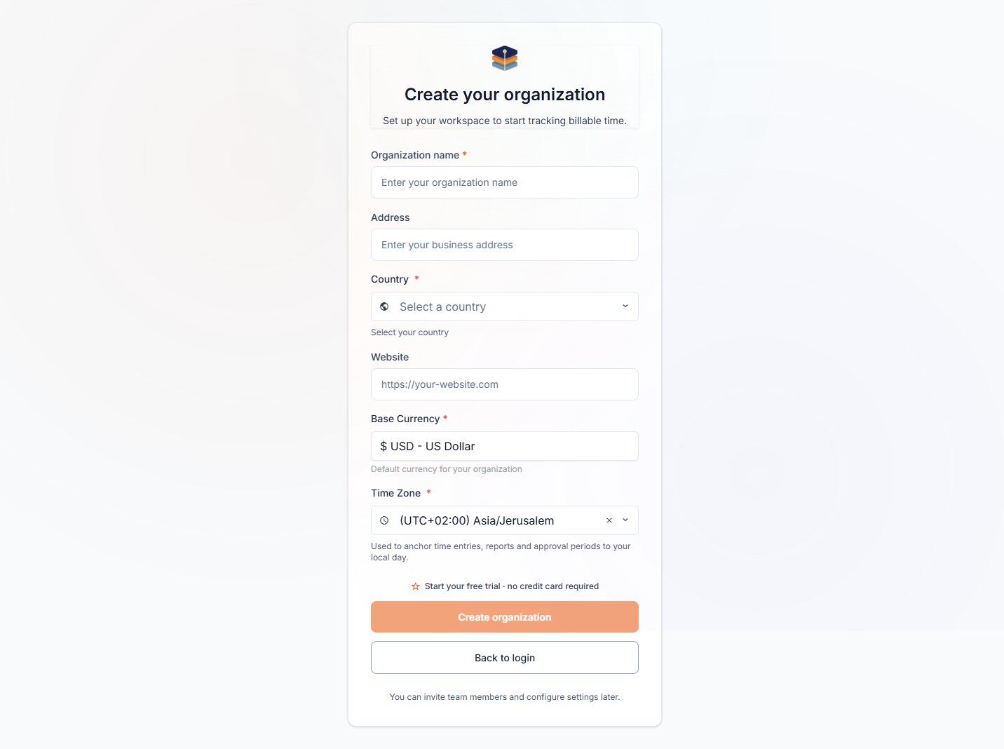 The Create-your-organization step — name, country, base currency, and time zone