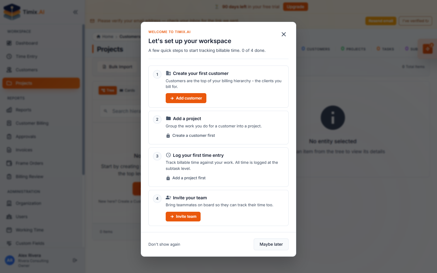 The welcome checklist — create a customer, add a project, log time, invite your team