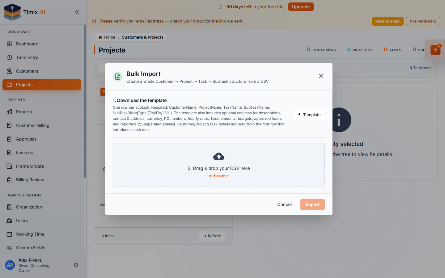 The Bulk Import dialog — download the template, then upload your CSV