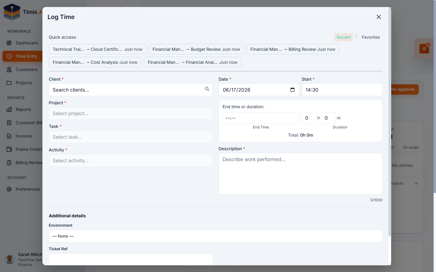 The Log Time dialog — choose the Activity, set the time, and describe the work