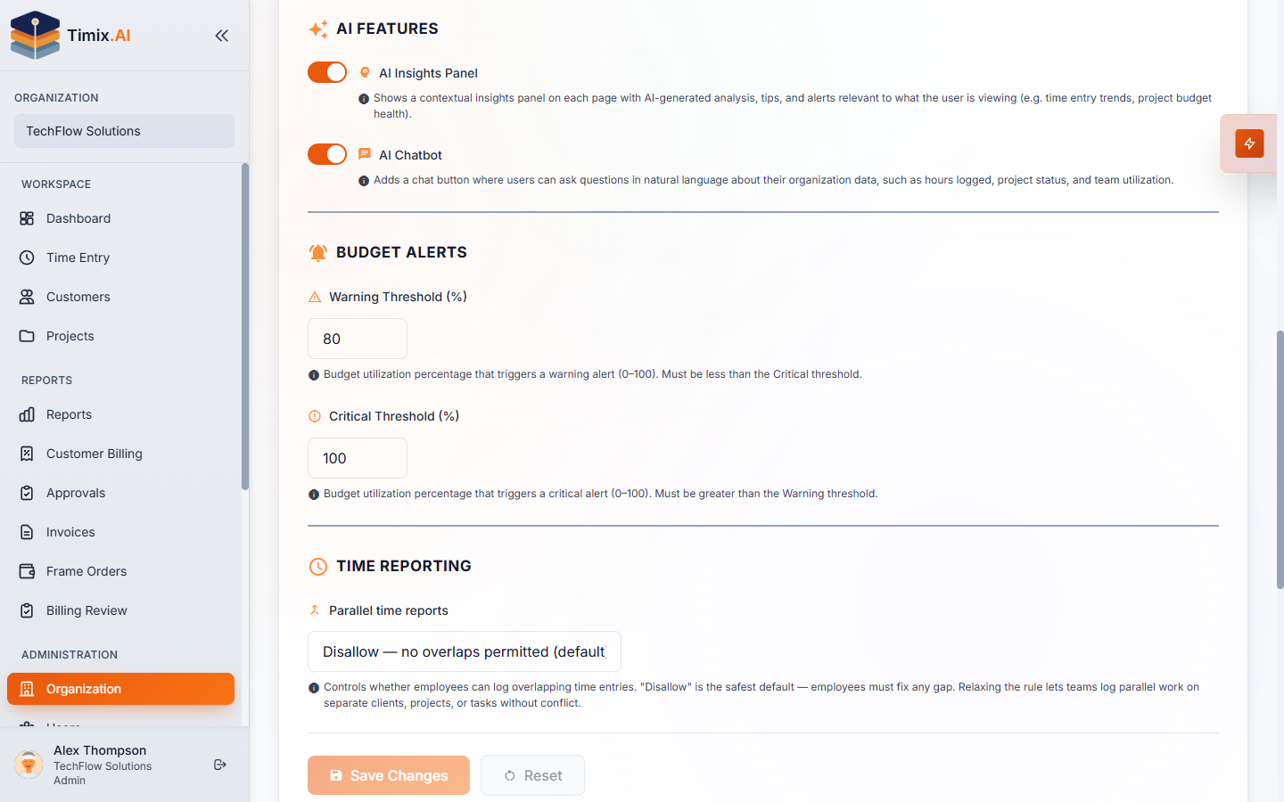 Organization Settings — AI Features (Insights Panel + Chatbot)