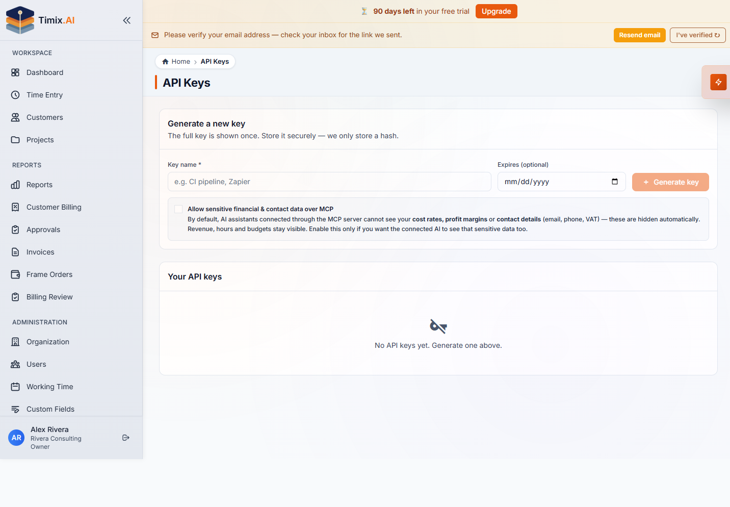 Creating an API key — the per-key MCP redaction control