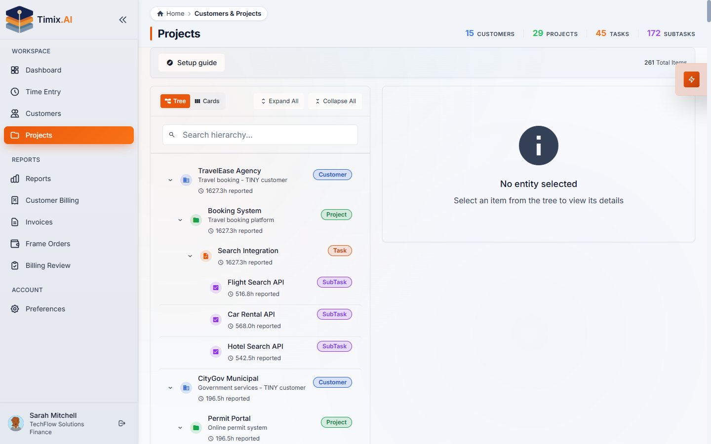 The Projects tree — Customer → Project → Task → SubTask