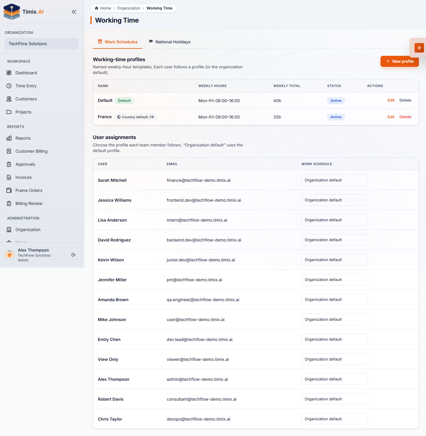 Working Time — work-schedule profiles and user assignments