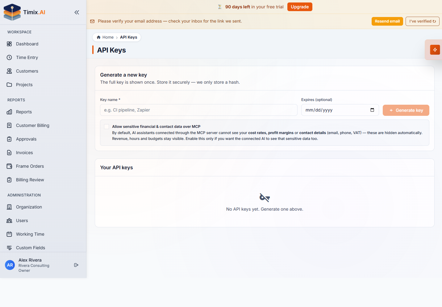 The API Keys page — generate a named key (shown once)